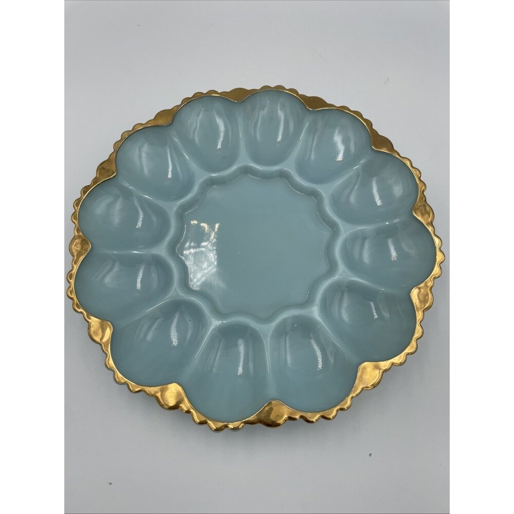 Vintage Anchor Hocking Delphite Blue Milk Glass Deviled Egg Plate Gold Trim 10”